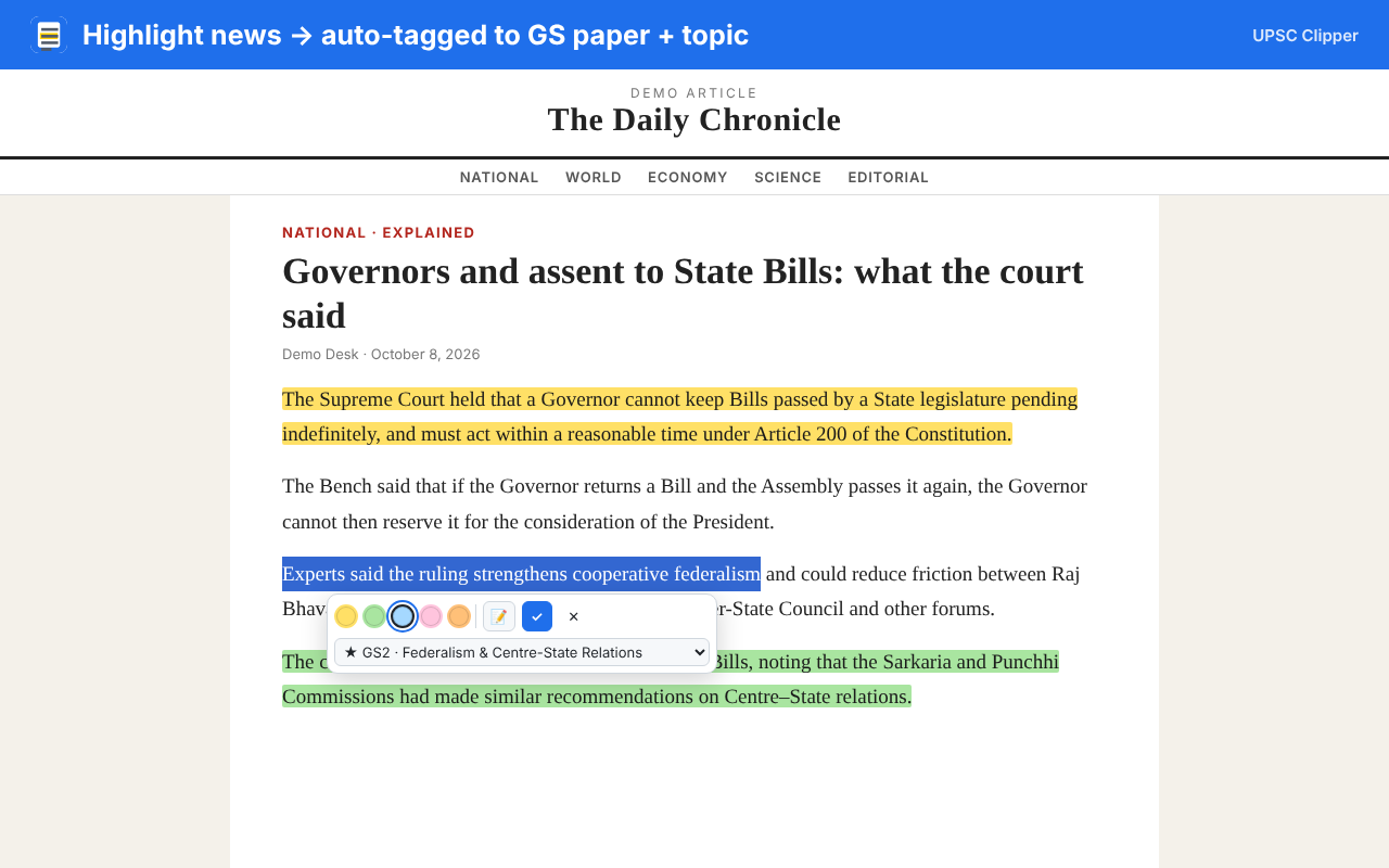 UPSC Clipper toolbar on a news article, suggesting GS2 · Federalism
